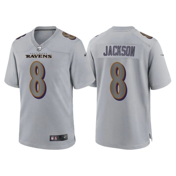 Custom Men’s Baltimore Ravens Lamar Jackson Gray Atmosphere Fashion Stitched Jersey