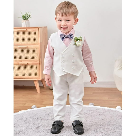 Toddler Baby Boy Clothes Suit Gentleman Wedding Outfits, Formal Dress Shirt+Bowtie+Vest+Boutonniere+Suspender Pants
