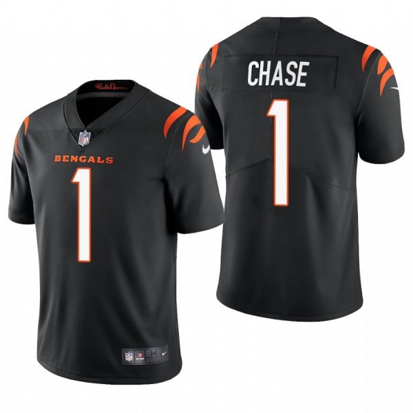 Custom Men’s #1 Ja’Marr Chase Cincinnati Bengals Vapor Limited Jersey Stitched 2021 Black