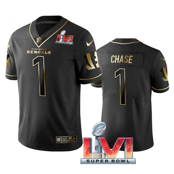 Custom Men’s Ja’Marr Chase Cincinnati Bengals 2022 Super Bowl LVI Black Golden Stitched Jersey