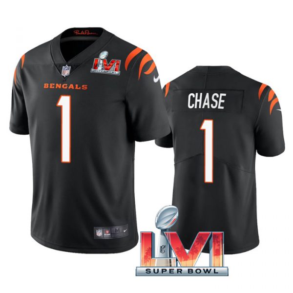 Custom Men’s Ja’Marr Chase Cincinnati Bengals 2022 Super Bowl LVI Vapor Limited Stitched Jersey Black