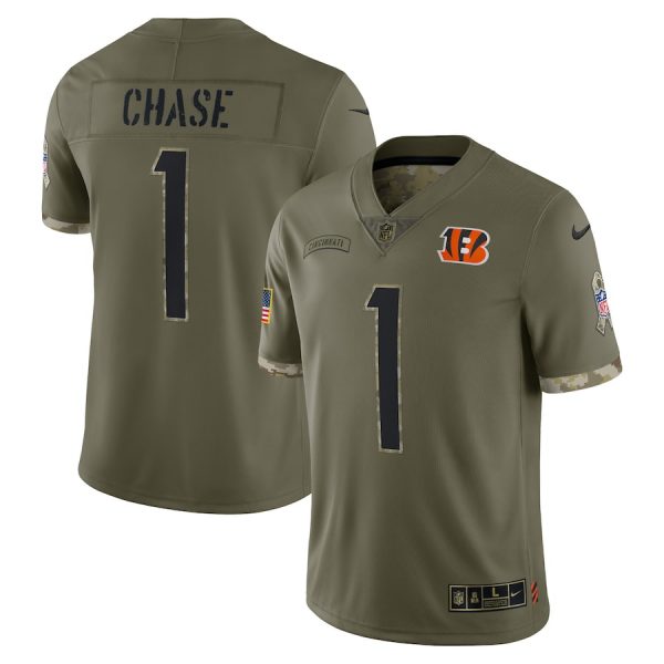 Custom Men’s Jamarr Chase Cincinnati Bengals Olive 2022 Salute To Service Jersey Stitched