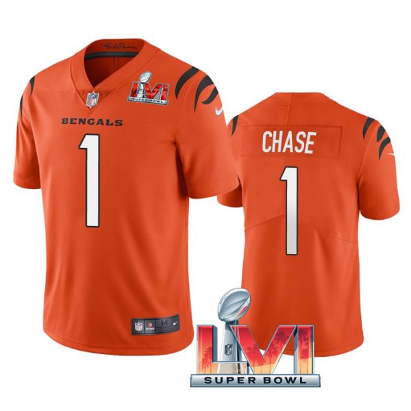 Custom Men’s Ja’Marr Chase Cincinnati Bengals 2022 Super Bowl LVI Vapor Limited Stitched Jersey Orange
