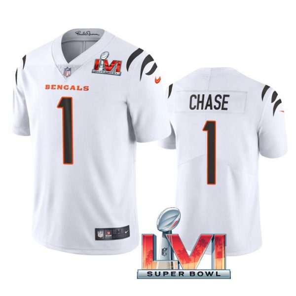 Custom Men’s Ja’Marr Chase Cincinnati Bengals 2022 Super Bowl LVI Vapor Limited Stitched Jersey White