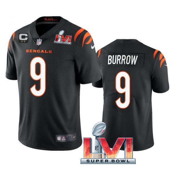 Custom Men’s Joe Burrow Cincinnati Bengals 2022 Super Bowl LVI Captain Patch Vapor Limited Jersey Black