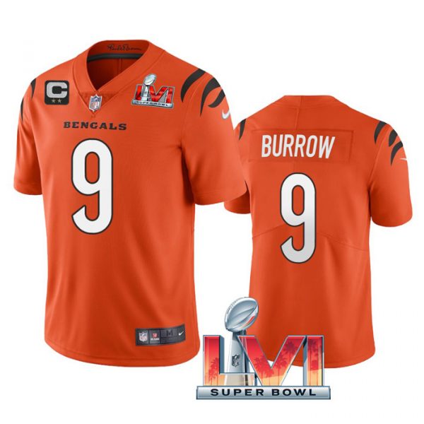 Custom Men’s Joe Burrow Cincinnati Bengals 2022 Super Bowl LVI Captain Patch Vapor Limited Jersey Orange