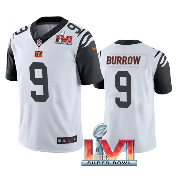 Custom Men’s Joe Burrow Cincinnati Bengals 2022 Super Bowl LVI White Color Rush Limited Stitched Jersey