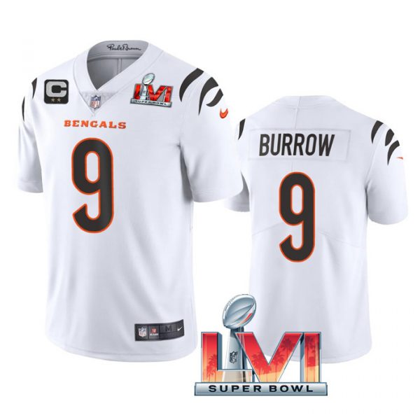 Custom Men’s Joe Burrow Cincinnati Bengals 2022 Super Bowl LVI Captain Patch Vapor Limited Jersey White