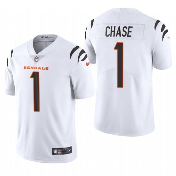 Custom Men’s #1 Ja’Marr Chase Cincinnati Bengals Vapor Limited Jersey Stitched 2021 White