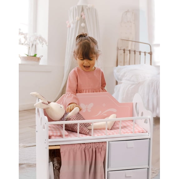 Robud Victoria Doll Crib Wooden Baby Doll Cradle with Storage and Bedding Pretend Play Furniture Toy for Toddlers Girls,Pink