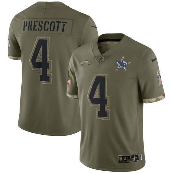 Custom Youth Dak Prescott Dallas Cowboys Olive 2022 Salute To Service Jersey Stitched