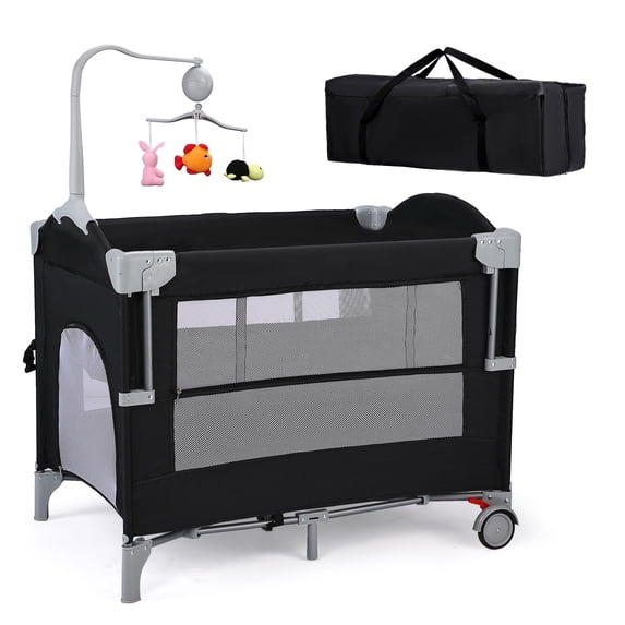 4 in 1 Pack and Play Bassinet, Easy Folding Travel Crib with Music Mobile for Infant Toddlers