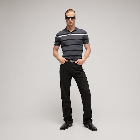 Men's Striped Wool Knit Polo Shirt