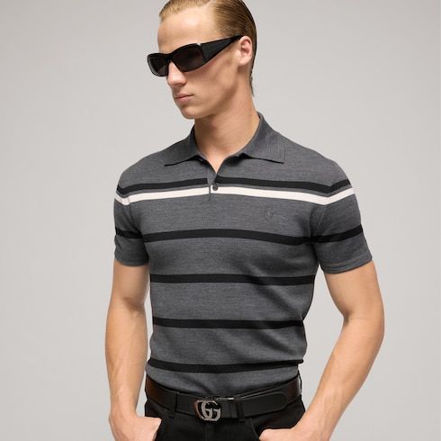 Men's Striped Wool Knit Polo Shirt
