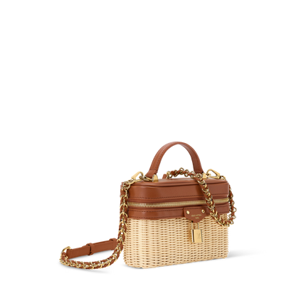 Women's Vanity Chain Pouch Rattan Leather Brown Chain Wallet