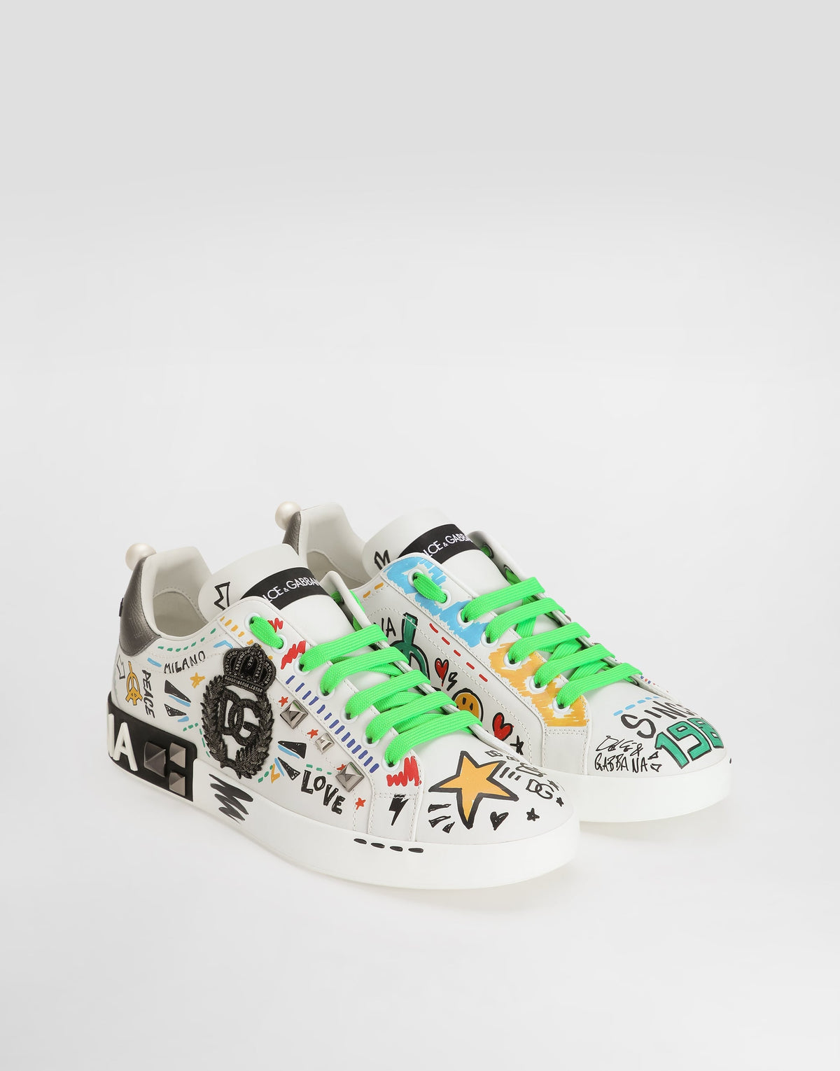 Calfskin Portofino Sneakers With Embroidery and Studs Multicolor