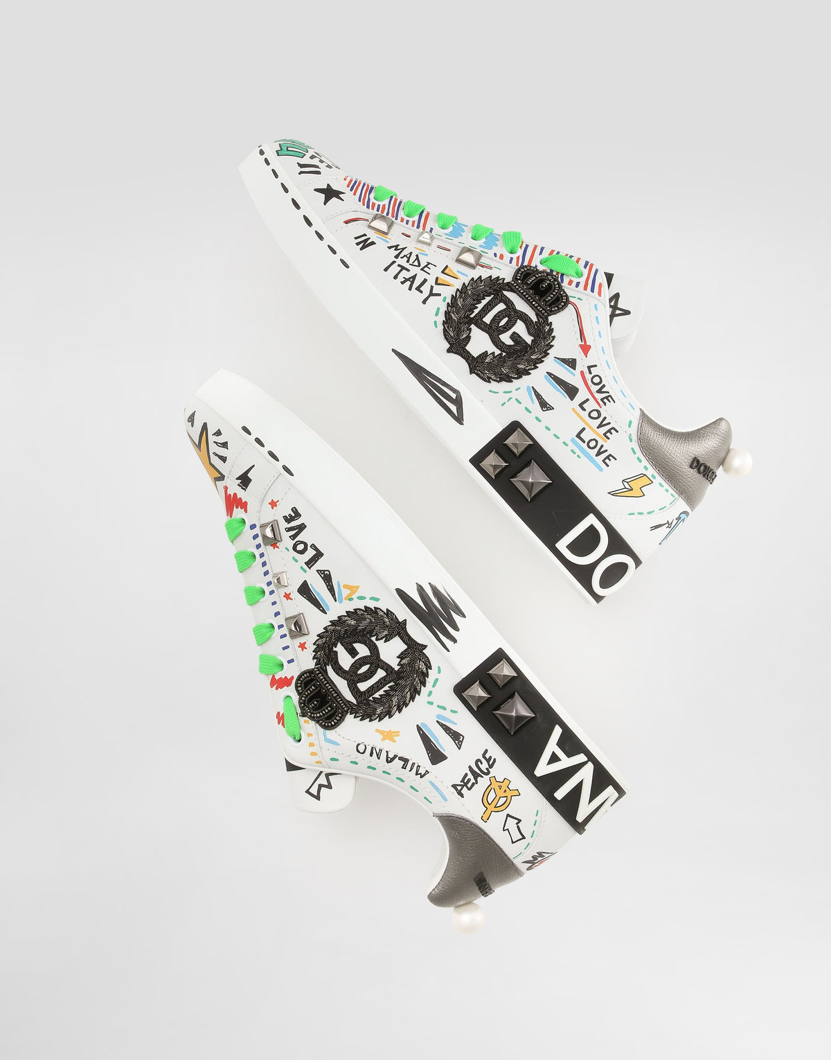 Calfskin Portofino Sneakers With Embroidery and Studs Multicolor