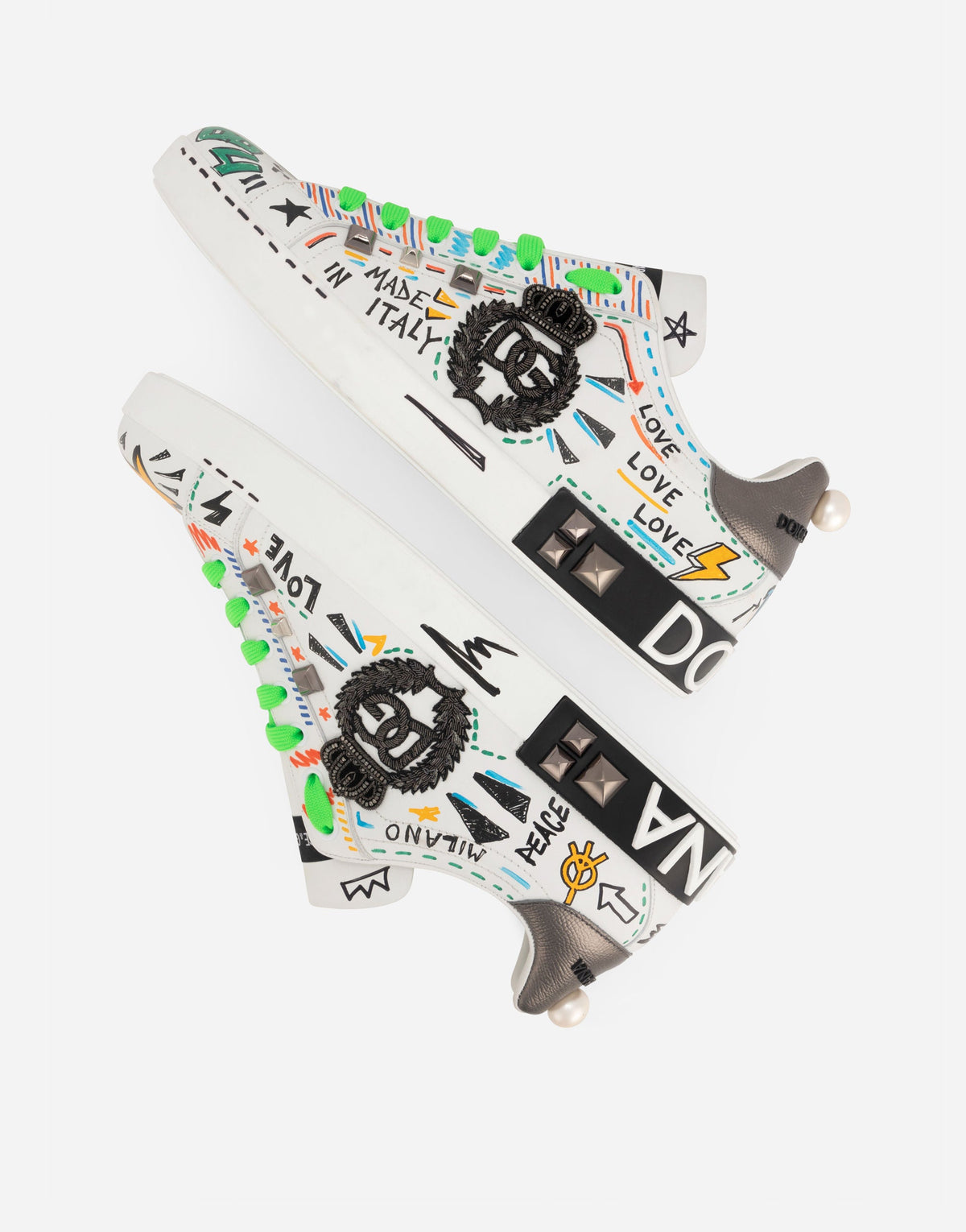 Calfskin Portofino Sneakers With Embroidery and Studs Multicolor