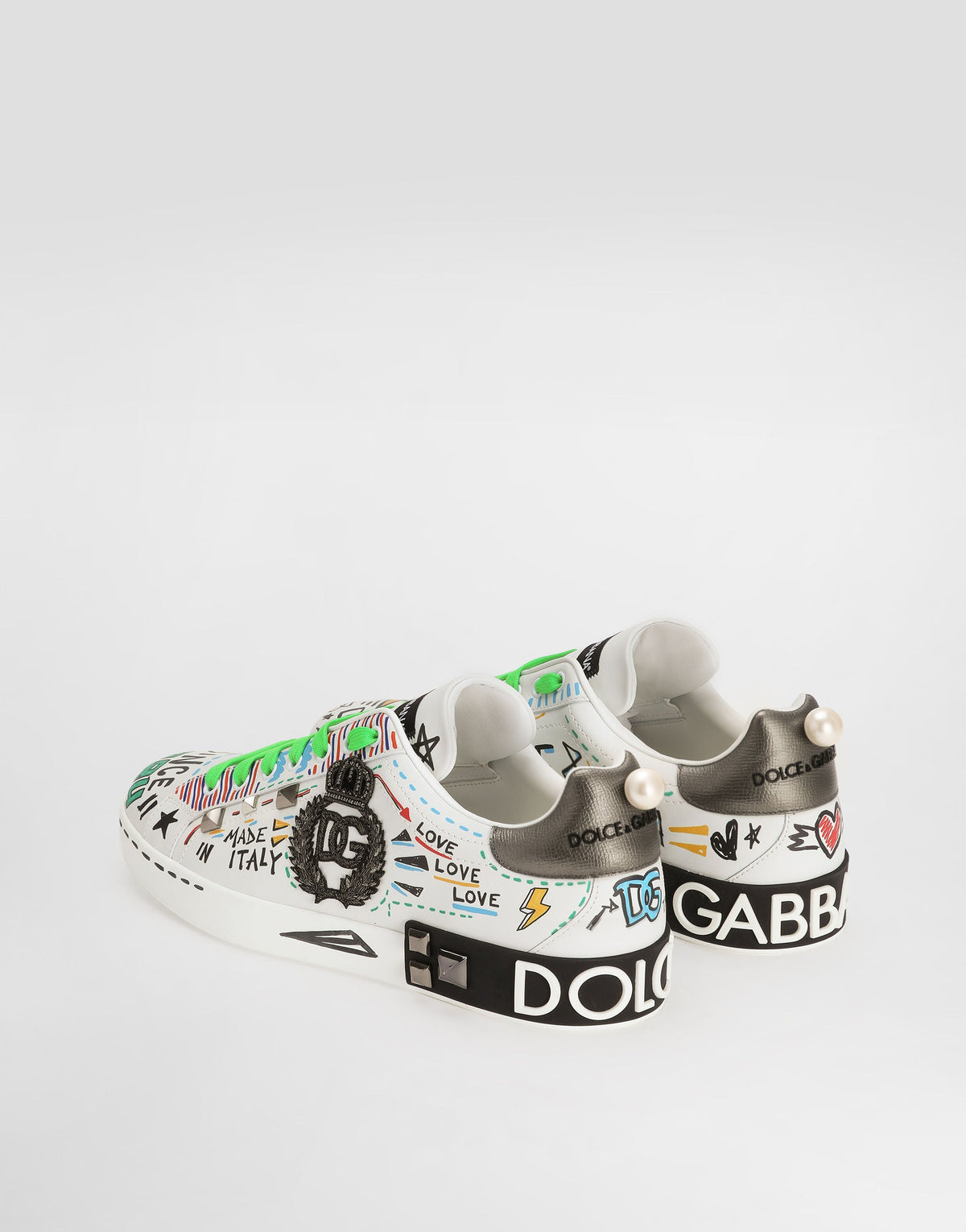 Calfskin Portofino Sneakers With Embroidery and Studs Multicolor
