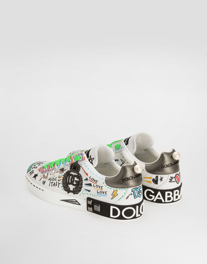 Calfskin Portofino Sneakers With Embroidery and Studs Multicolor