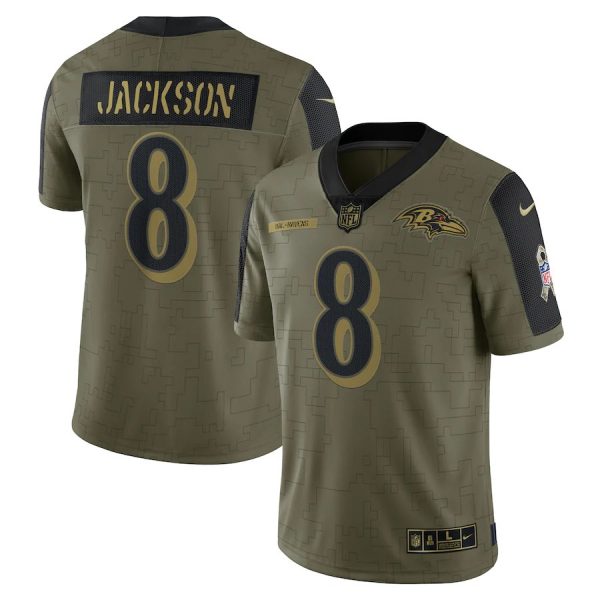 Custom Men’s #8 Lamar Jackson Baltimore Ravens Olive 2021 Salute To Service Limited Jersey