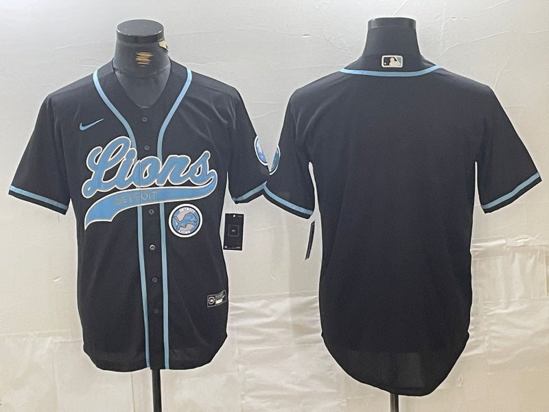 Custom men’s detroit lions blank black cool base stitched baseball jersey