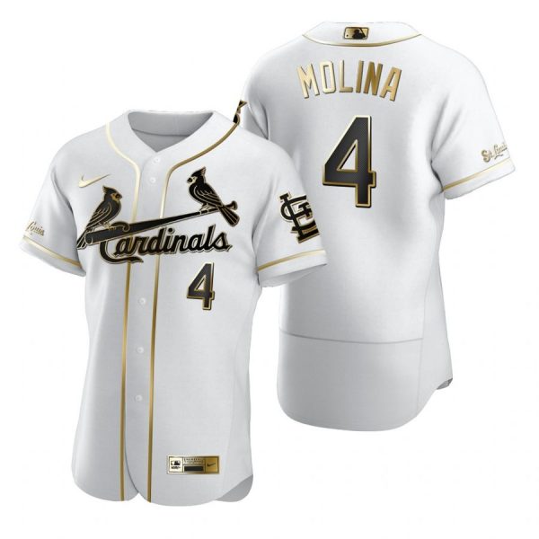 Custom Men’s Yadier Molina St. Louis Cardinals Flex Base Jersey White Golden White Golden