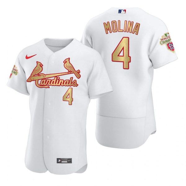 Custom Men’s Yadier Molina St. Louis Cardinals Flex Base Jersey White Golden White WS